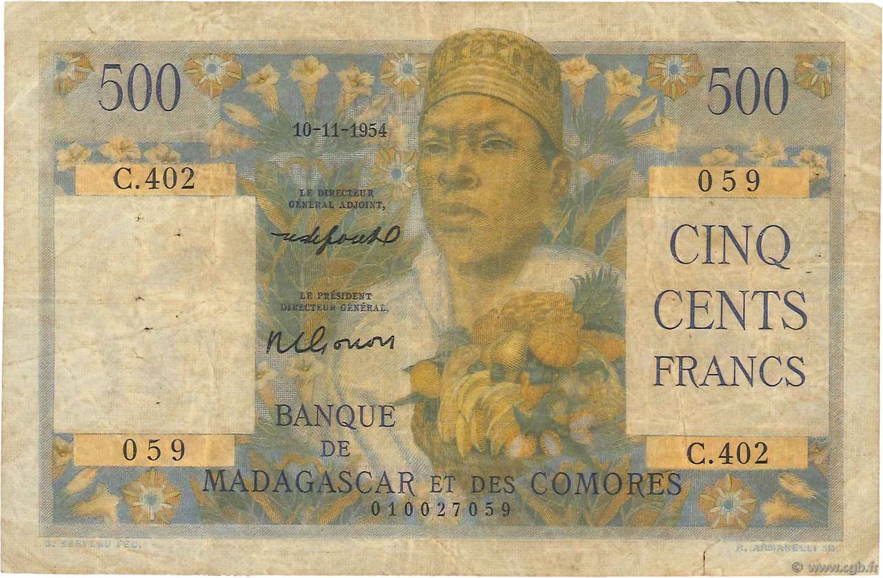 500 Francs MADAGASCAR  1954 P.047b B à TB