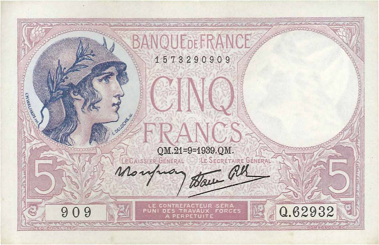 5 Francs FEMME CASQUÉE modifié FRANCE  1939 F.04.09 SUP+