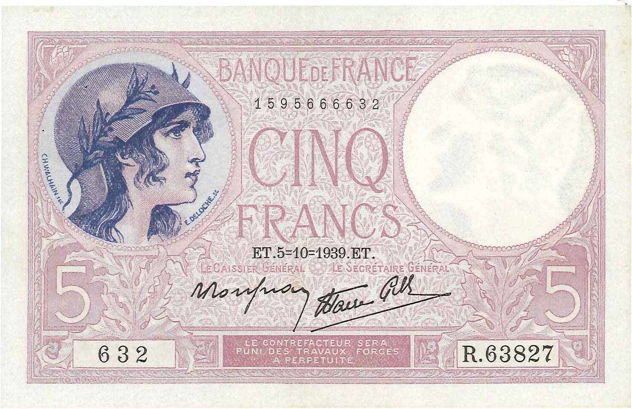 5 Francs FEMME CASQUÉE modifié FRANCE  1939 F.04 SUP