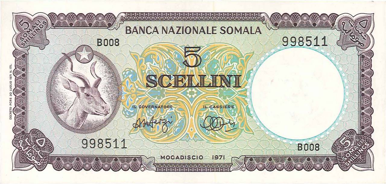 5 Scellini SOMALIE  1971 P.13a SPL