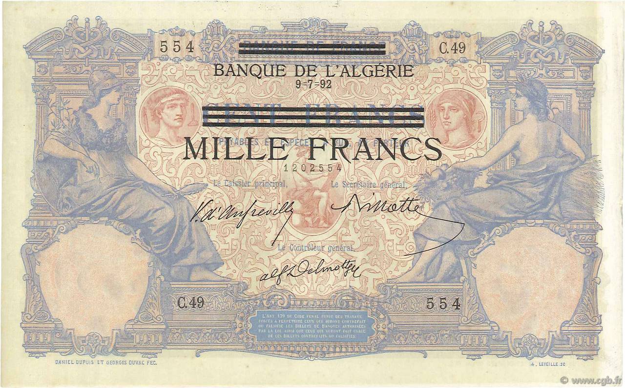 1000 Francs sur 100 Francs Non émis TUNISIE  1942 P.31 SPL