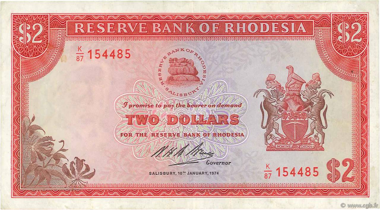 2 Dollars RHODÉSIE  1974 P.31h TTB