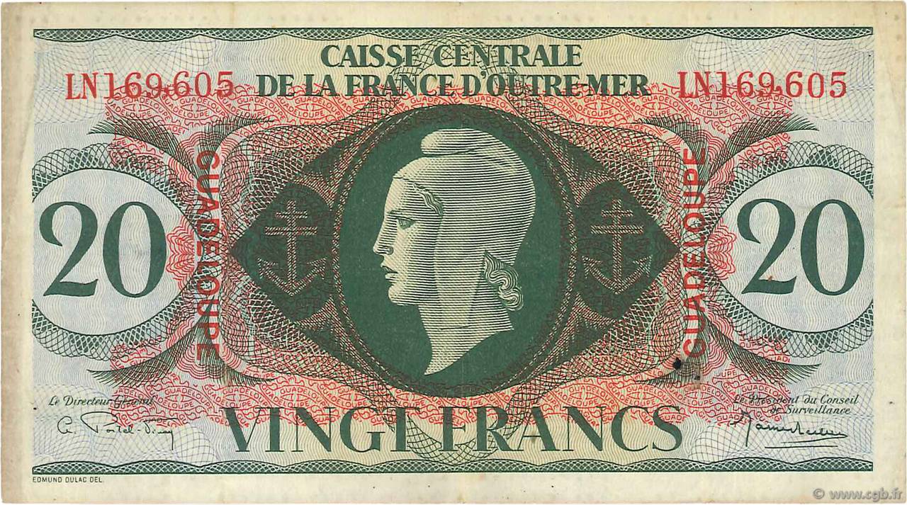 20 Francs GUADELOUPE  1944 P.28a TB