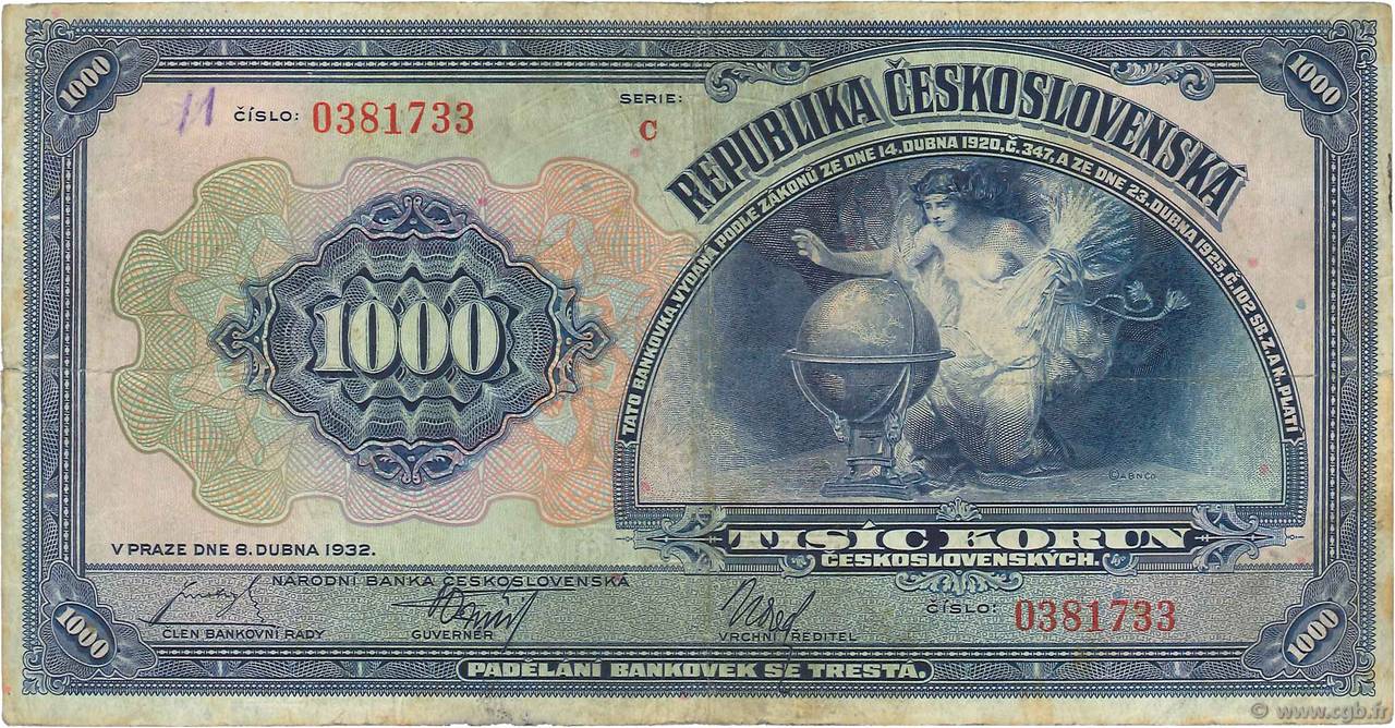 1000 Korun TCHÉCOSLOVAQUIE  1932 P.025a TB