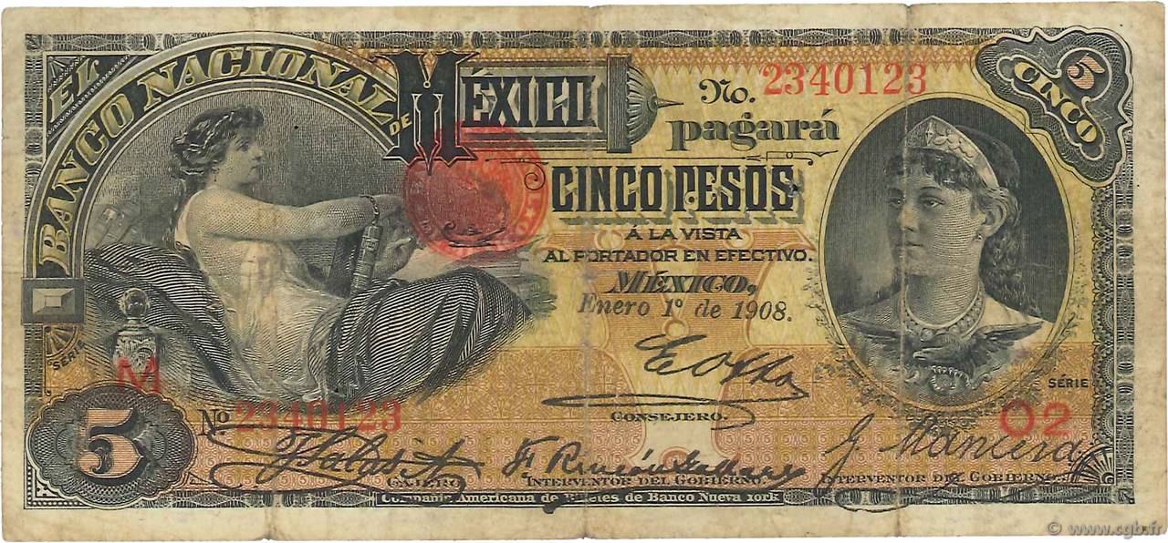 5 Pesos MEXIQUE  1908 PS.0257c TB