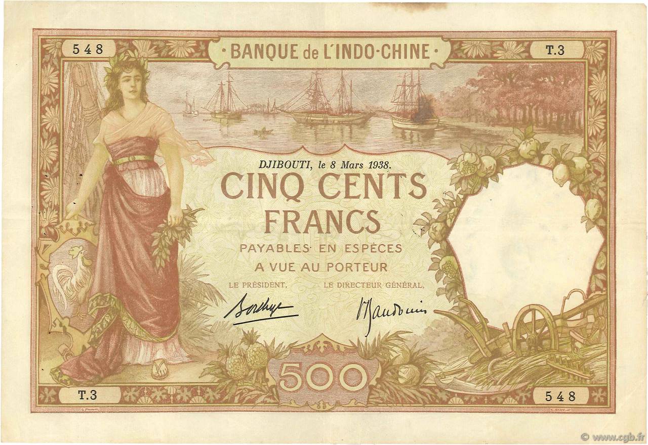500 Francs DJIBOUTI  1938 P.09b TTB+