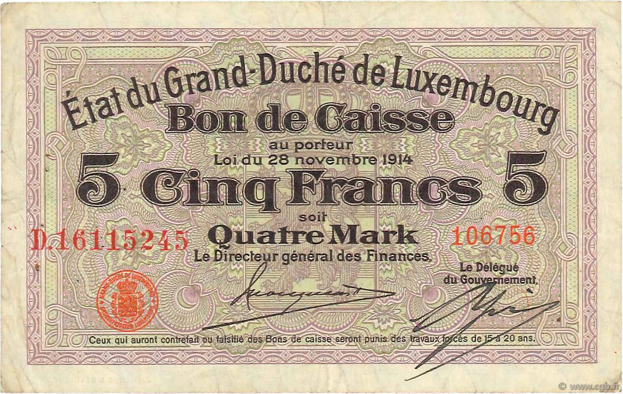 5 Francs /  4 Marks LUXEMBOURG  1914 P.23 TTB