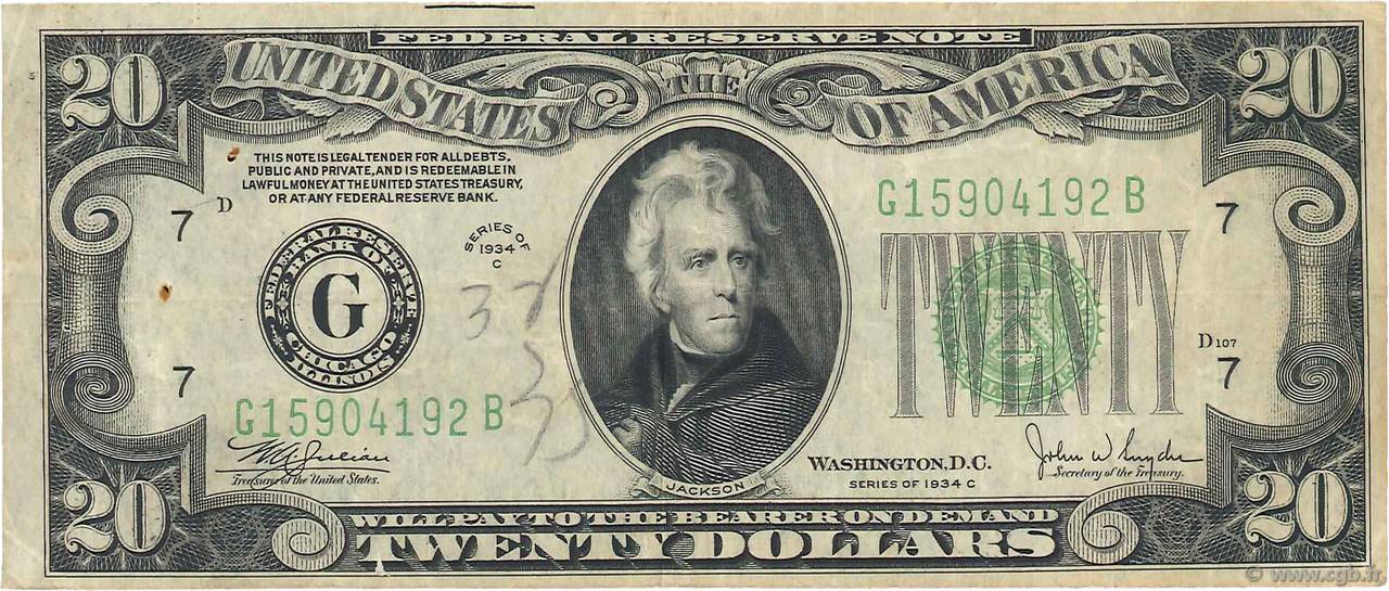 20 Dollars ÉTATS-UNIS D AMÉRIQUE Chicago 1934 P.431Dc TB