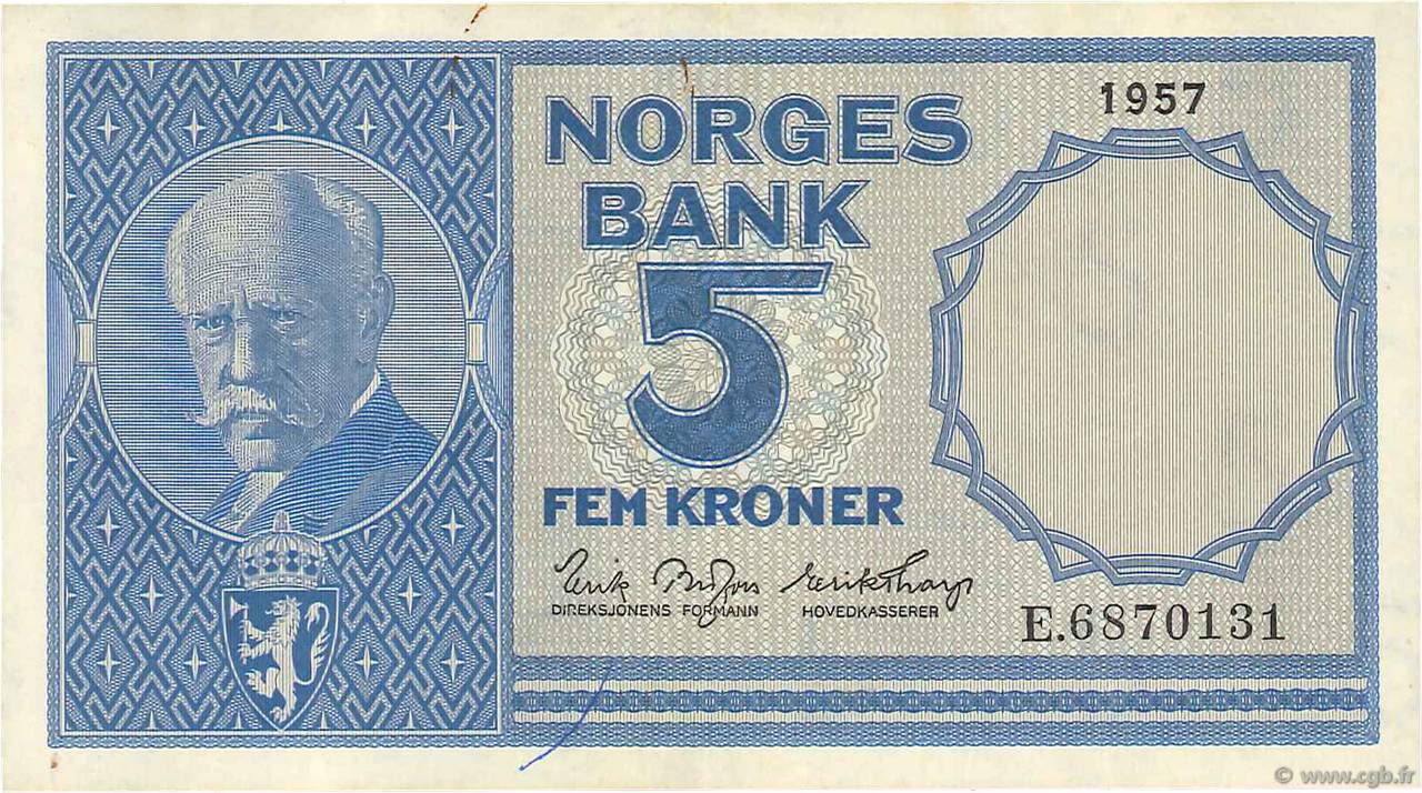 5 Kroner NORVÈGE  1957 P.30c pr.SUP