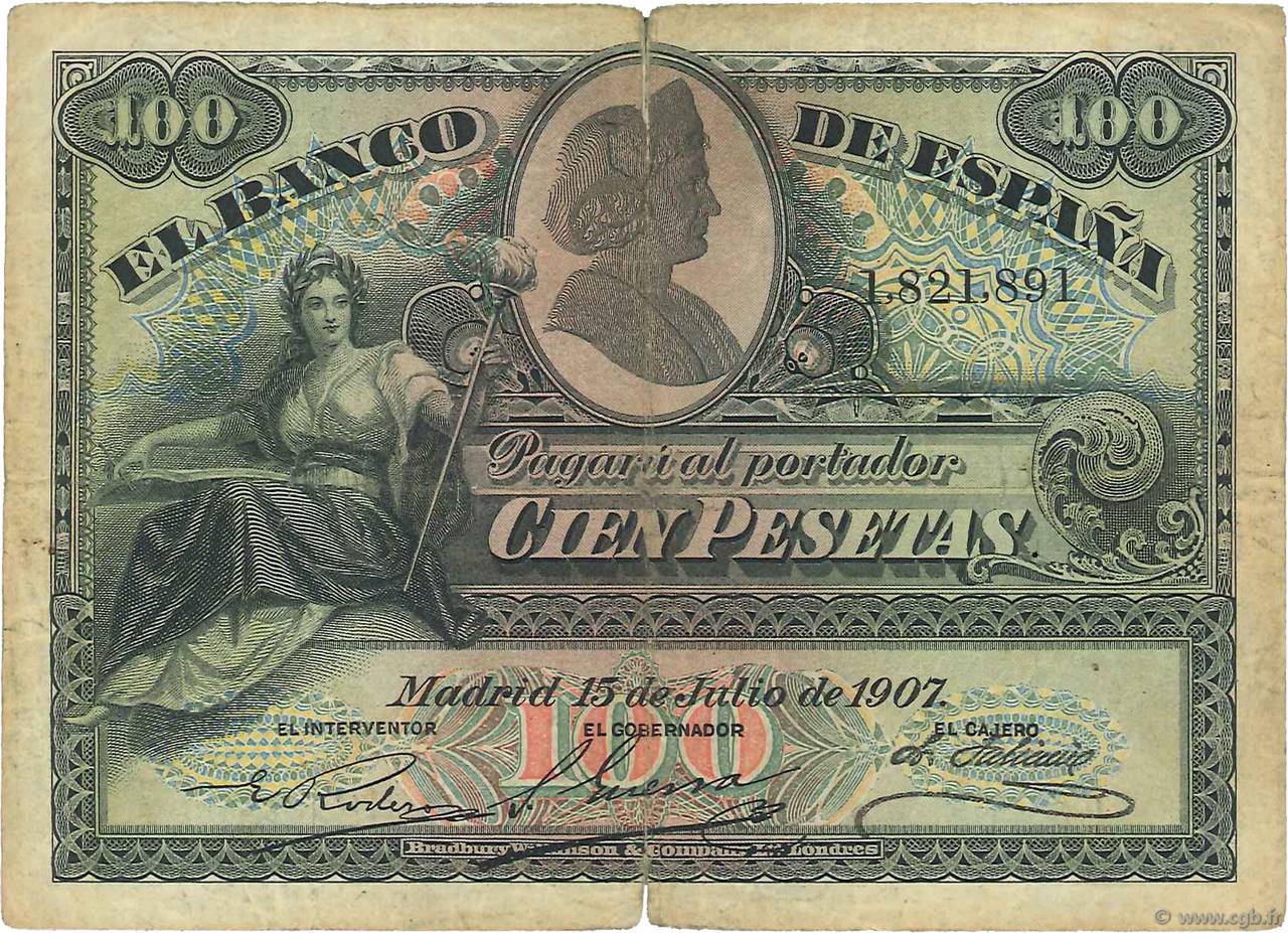 100 Pesetas SPAIN  1907 P.064a F-