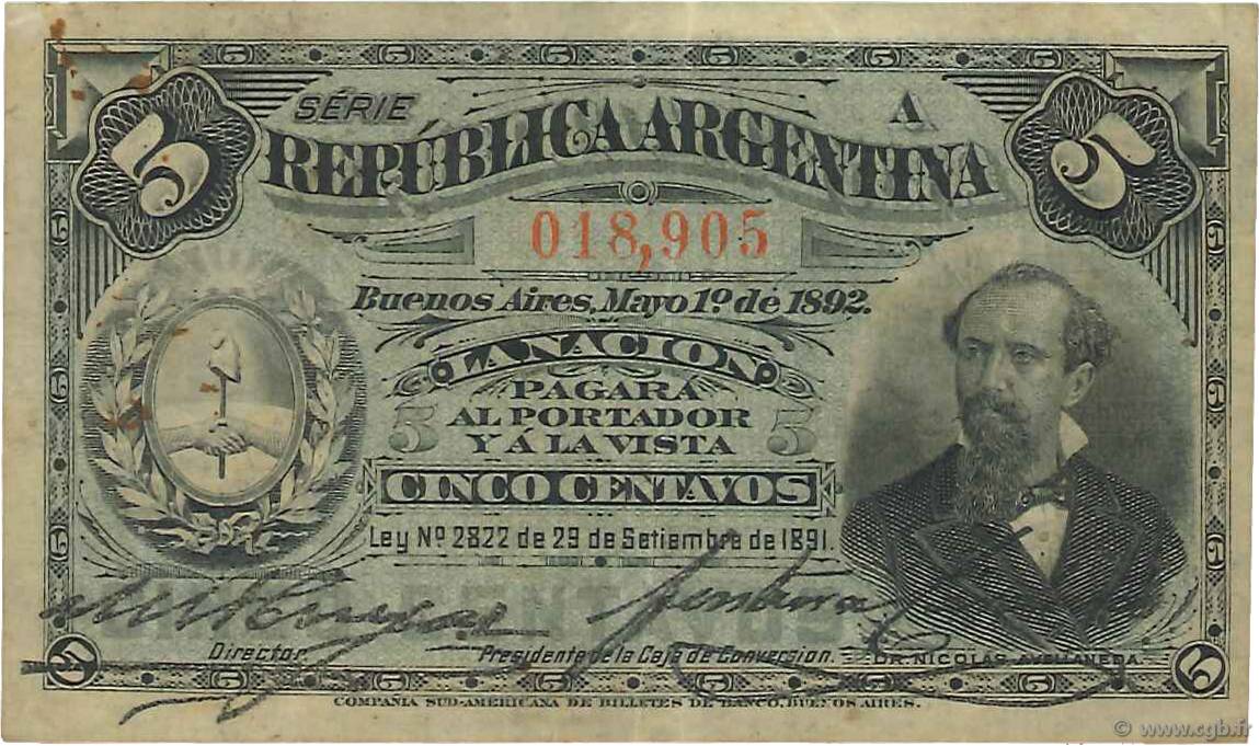 5 Centavos ARGENTINA  1892 P.213 VF