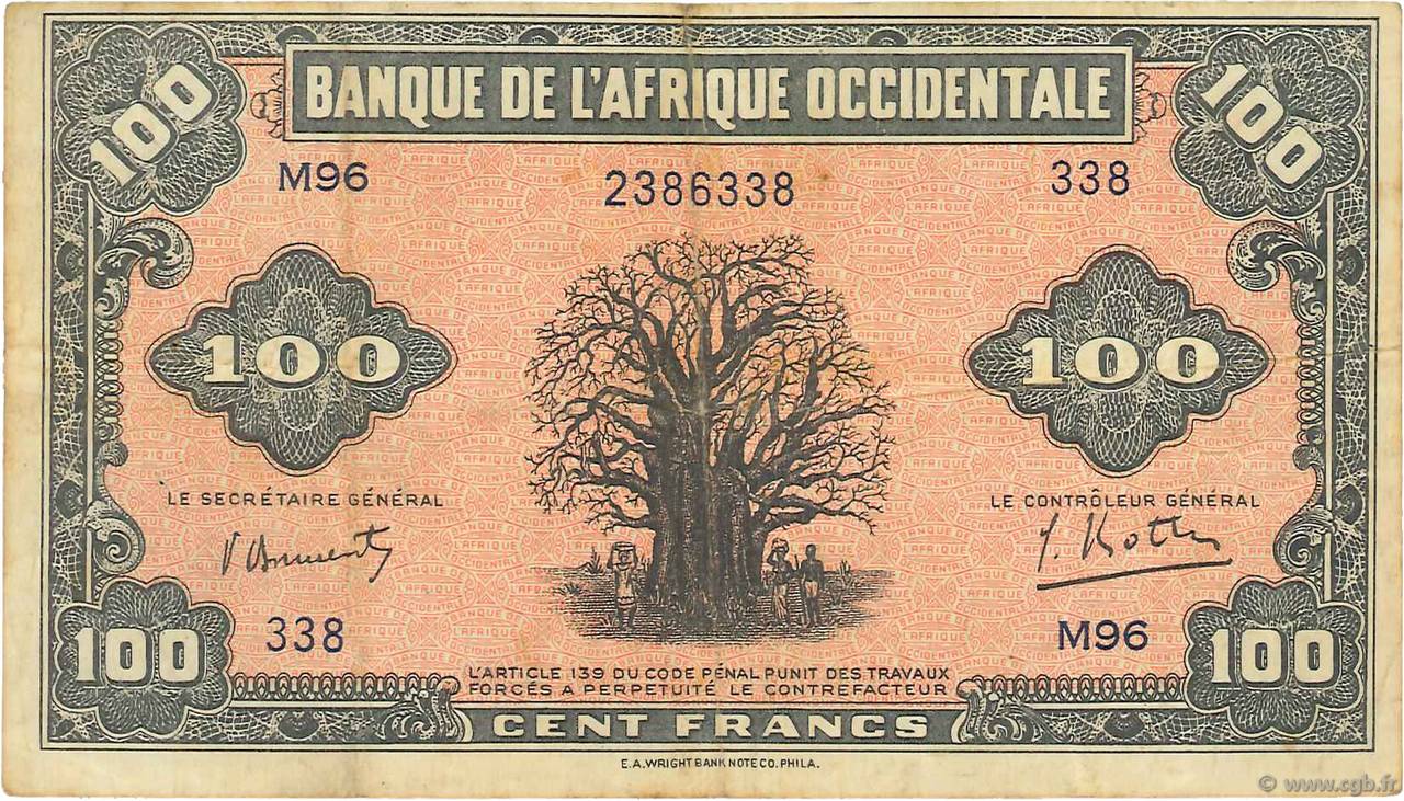 100 Francs FRENCH WEST AFRICA  1942 P.31a MBC