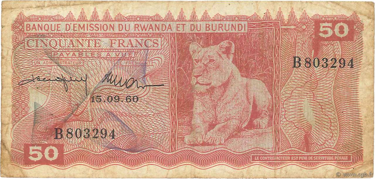 50 Francs RWANDA BURUNDI  1960 P.04 pr.TB