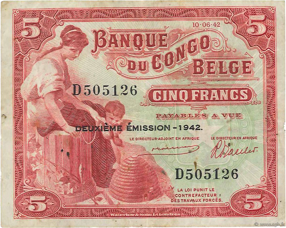 5 Francs CONGO BELGE  1942 P.13 TTB