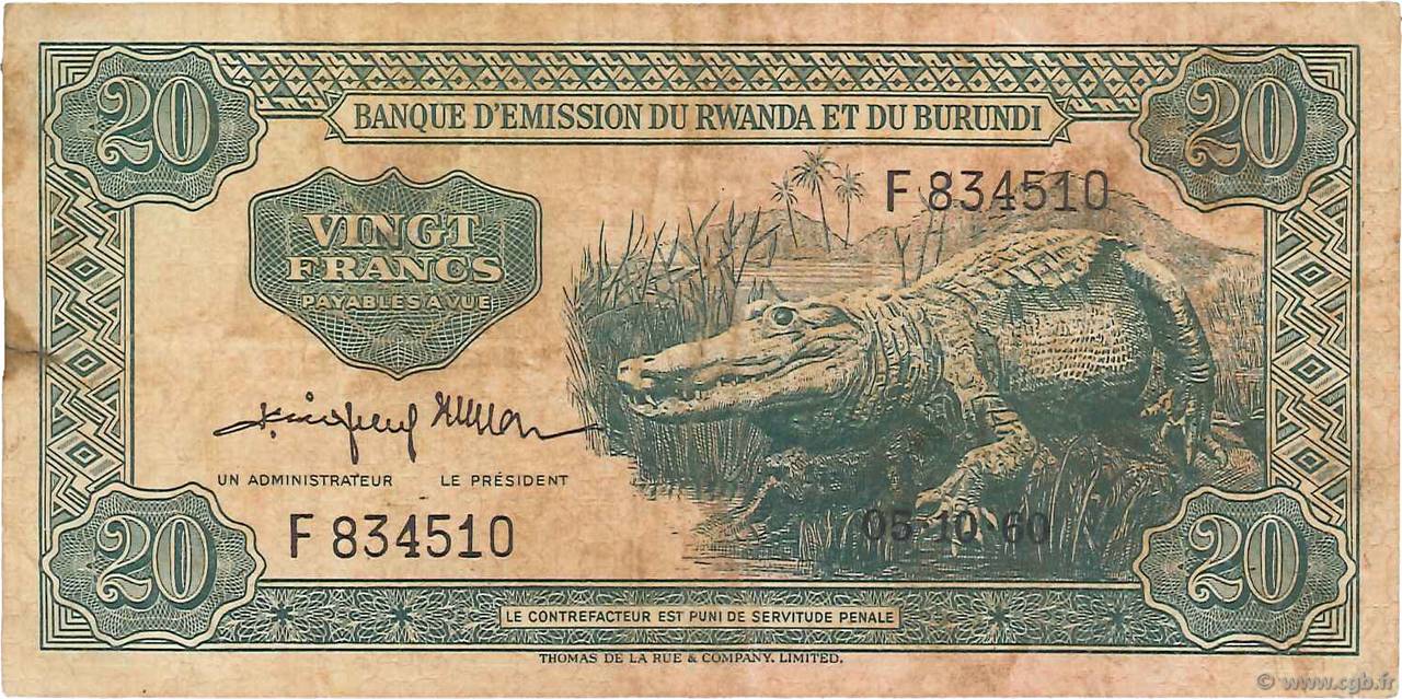 20 Francs RWANDA BURUNDI  1960 P.03 pr.TB