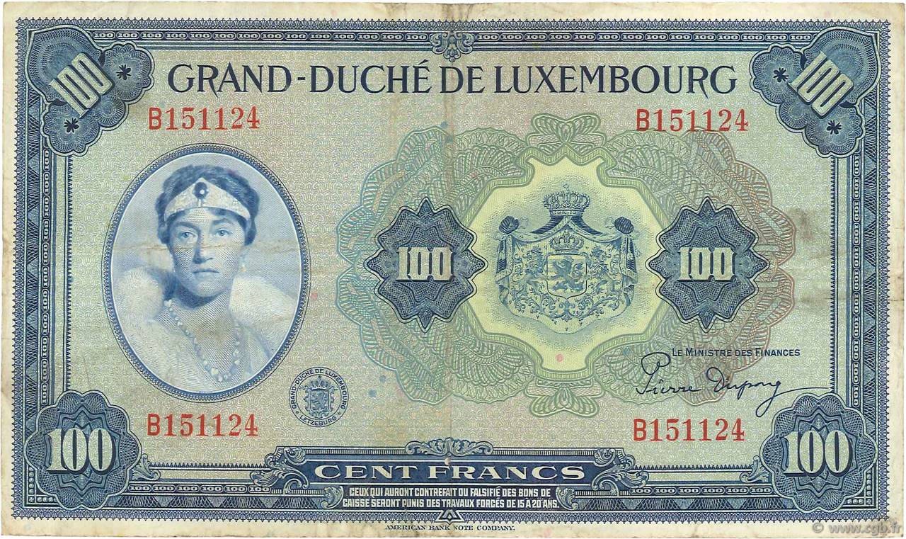 100 Francs LUXEMBOURG  1944 P.47 TB