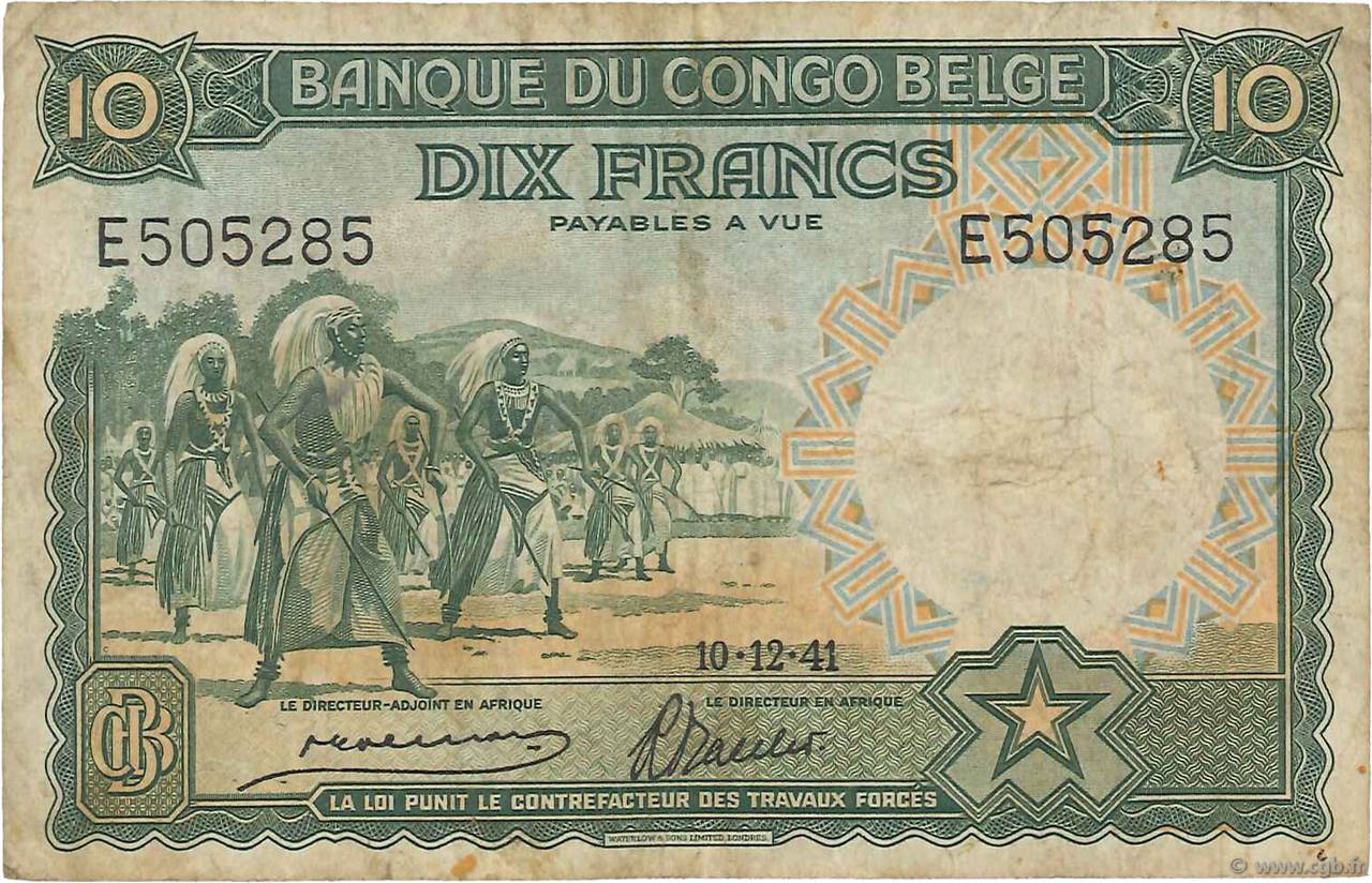 10 Francs BELGIAN CONGO  1941 P.14 F-