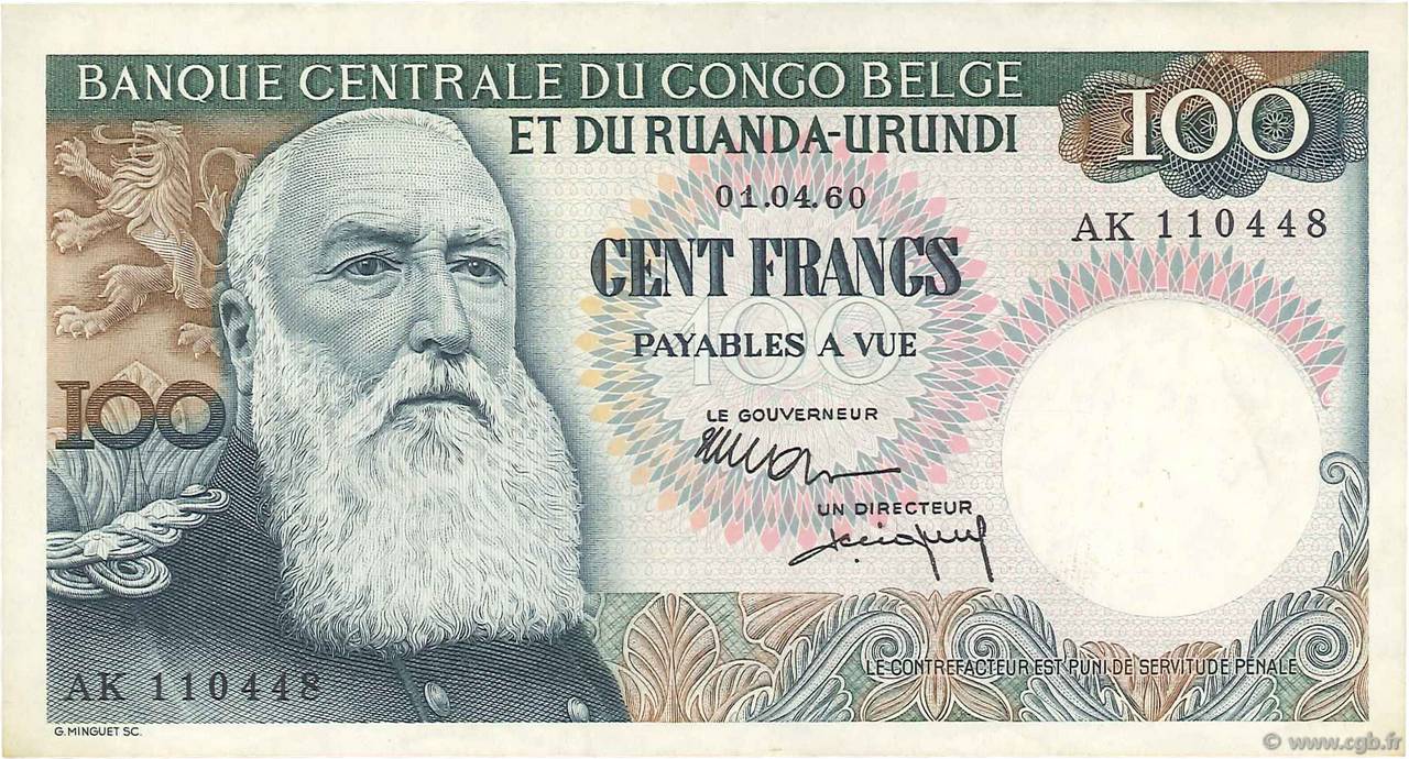 100 Francs BELGISCH-KONGO  1960 P.33b fVZ