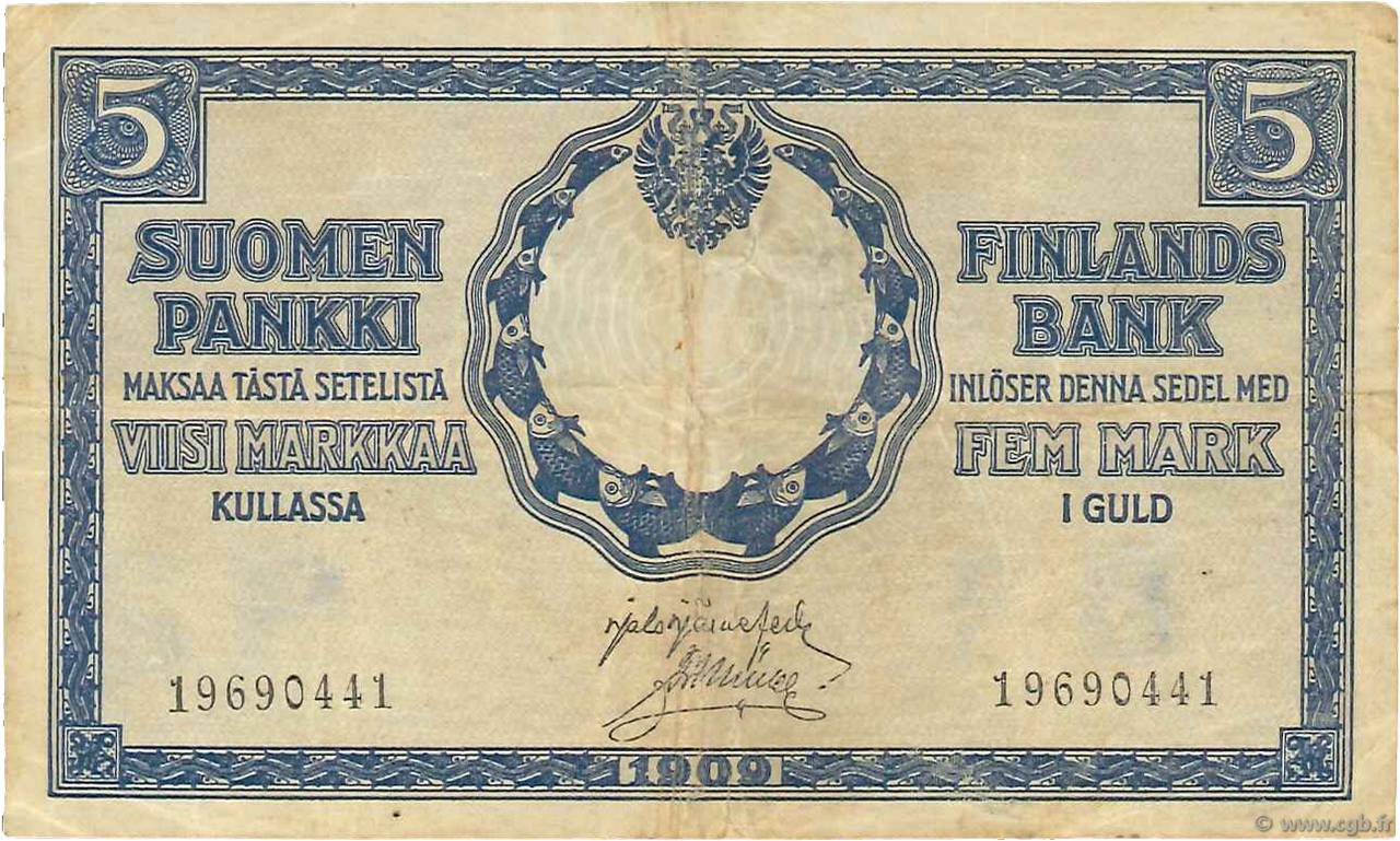 5 Markkaa FINLANDE  1909 P.009a TB