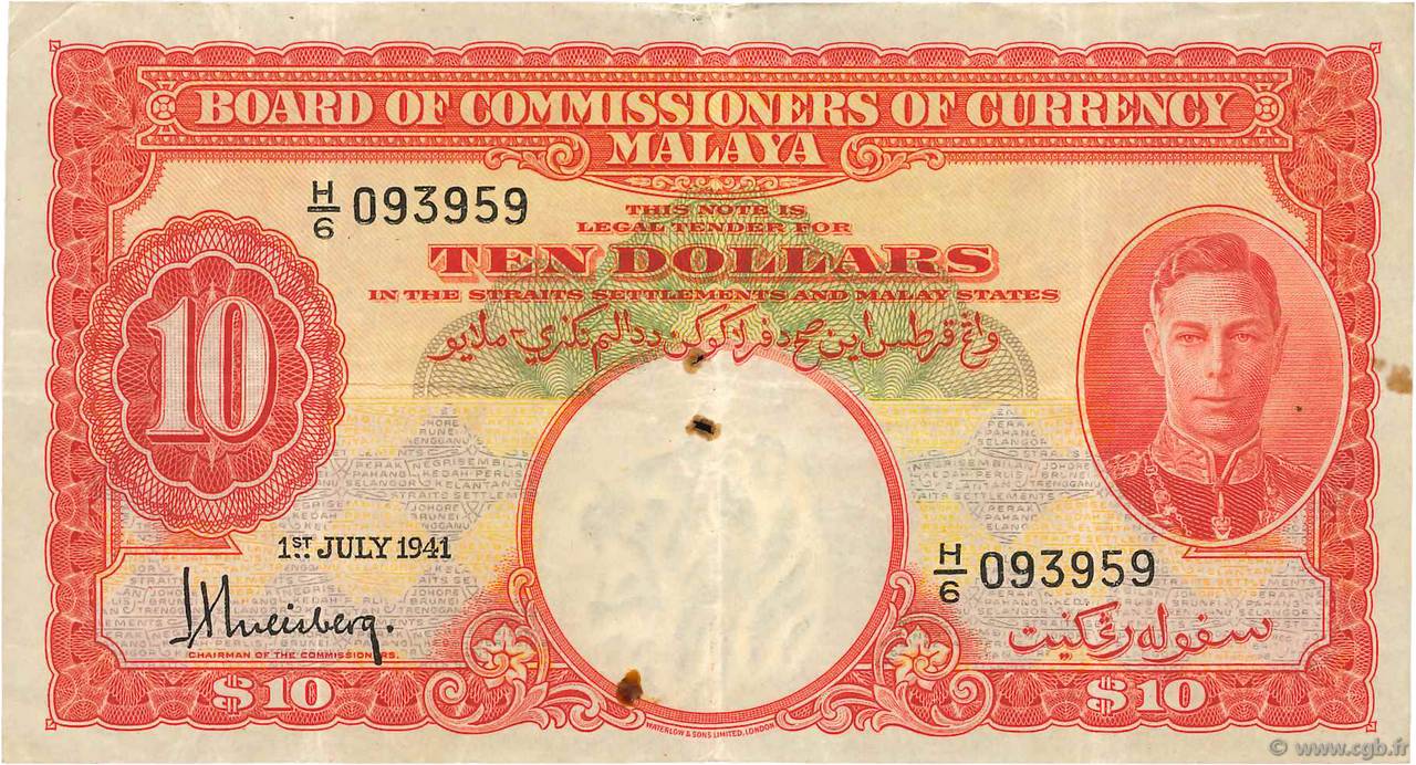 10 Dollars MALAYA  1941 P.13 TTB