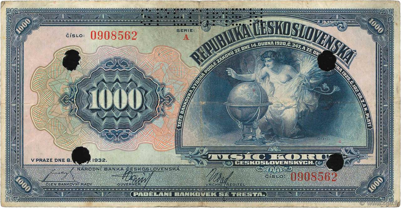 1000 Korun Spécimen TCHÉCOSLOVAQUIE  1932 P.025s TB