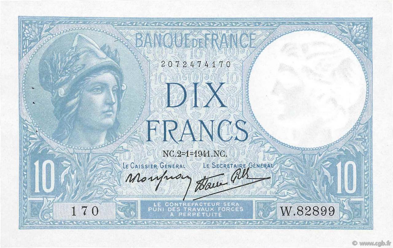 10 Francs MINERVE modifié FRANKREICH  1941 F.07.26 VZ+ to fST