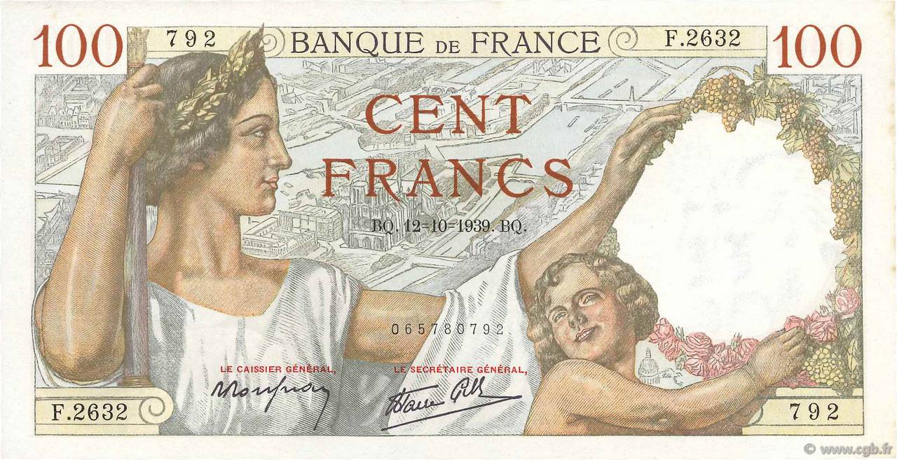 100 Francs SULLY FRANCE  1939 F.26.10 UNC-