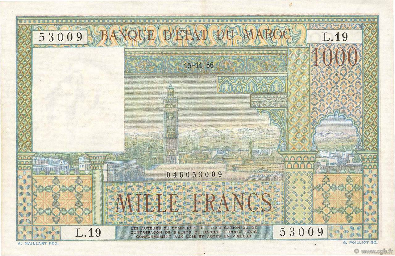 1000 Francs  MOROCCO  1956 P.47 VF
