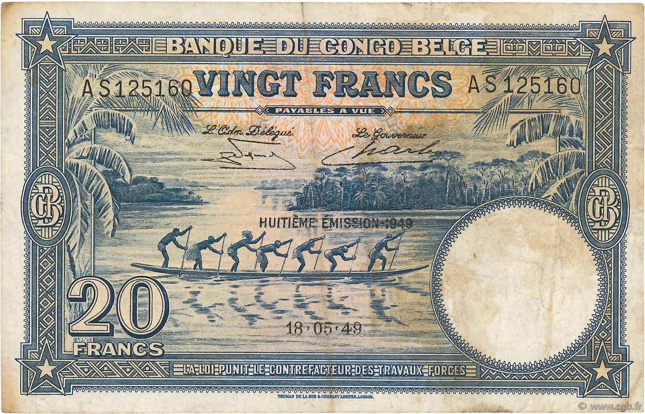 20 Francs BELGIAN CONGO  1949 P.15G F+