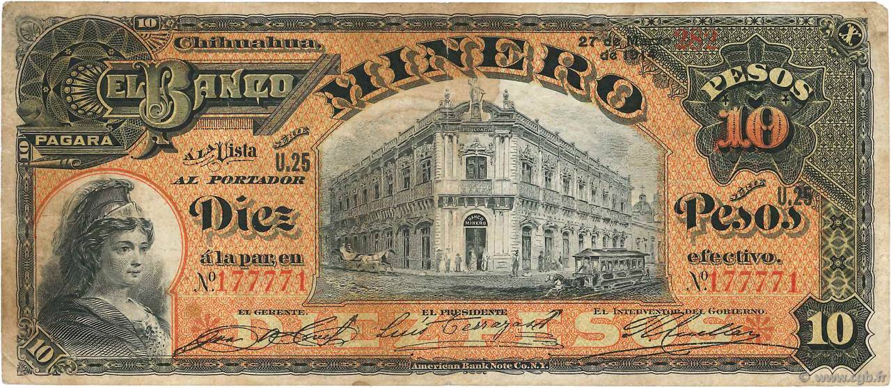 10 Pesos MEXICO  1914 PS.0164Ac VF