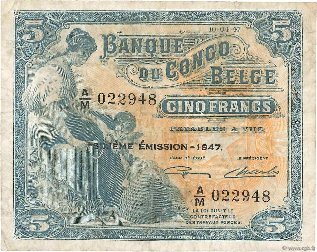 5 Francs CONGO BELGA  1947 P.13Ad BB