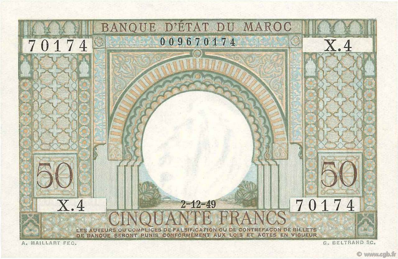 50 Francs MAROCCO  1949 P.44 q.FDC