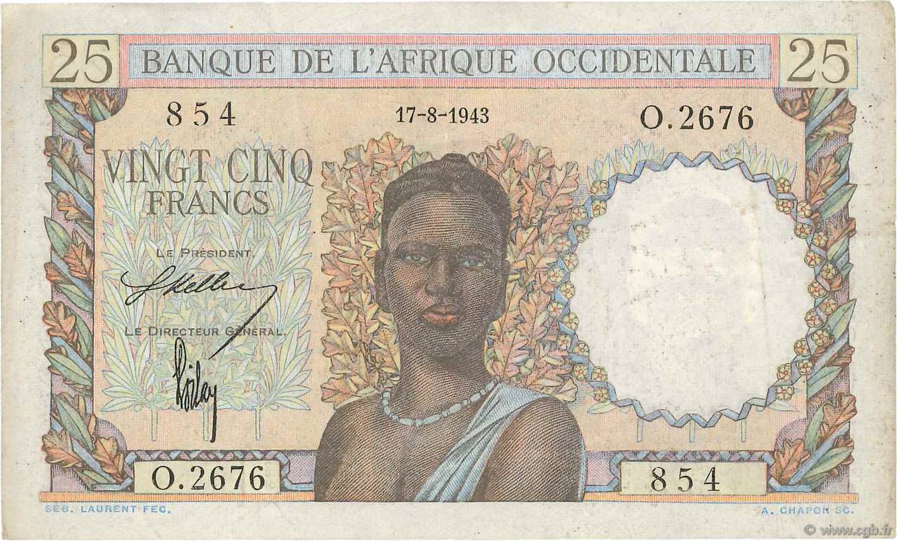 25 Francs AFRIQUE OCCIDENTALE FRANÇAISE (1895-1958)  1943 P.38 TTB