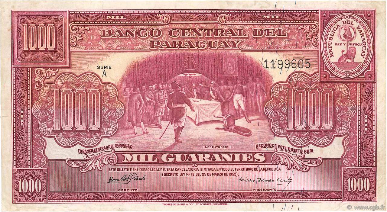 1000 Guaranies PARAGUAY  1952 P.191b TTB+