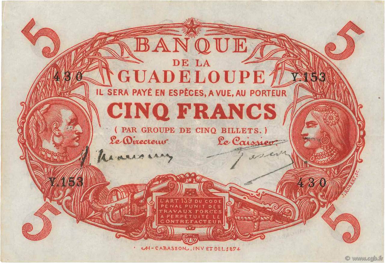 5 Francs Cabasson rouge GUADELOUPE  1943 P.07c VZ+