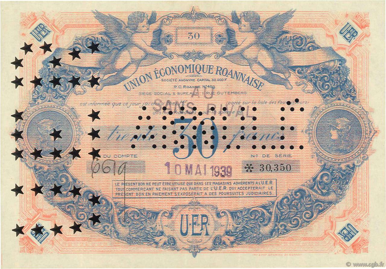 30 Francs Annulé FRANCE régionalisme et divers Roanne 1939 pr.SUP