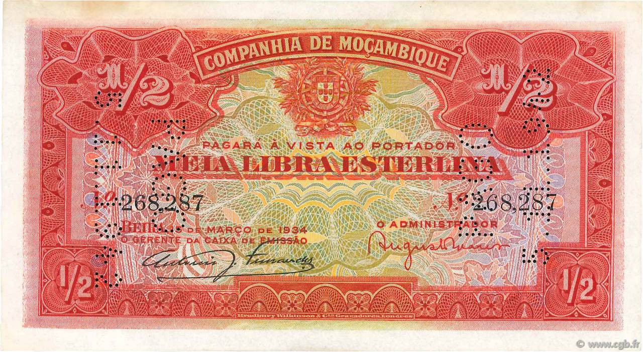 1/2 Libra MOZAMBIQUE Beira 1934 P.R30a SPL+