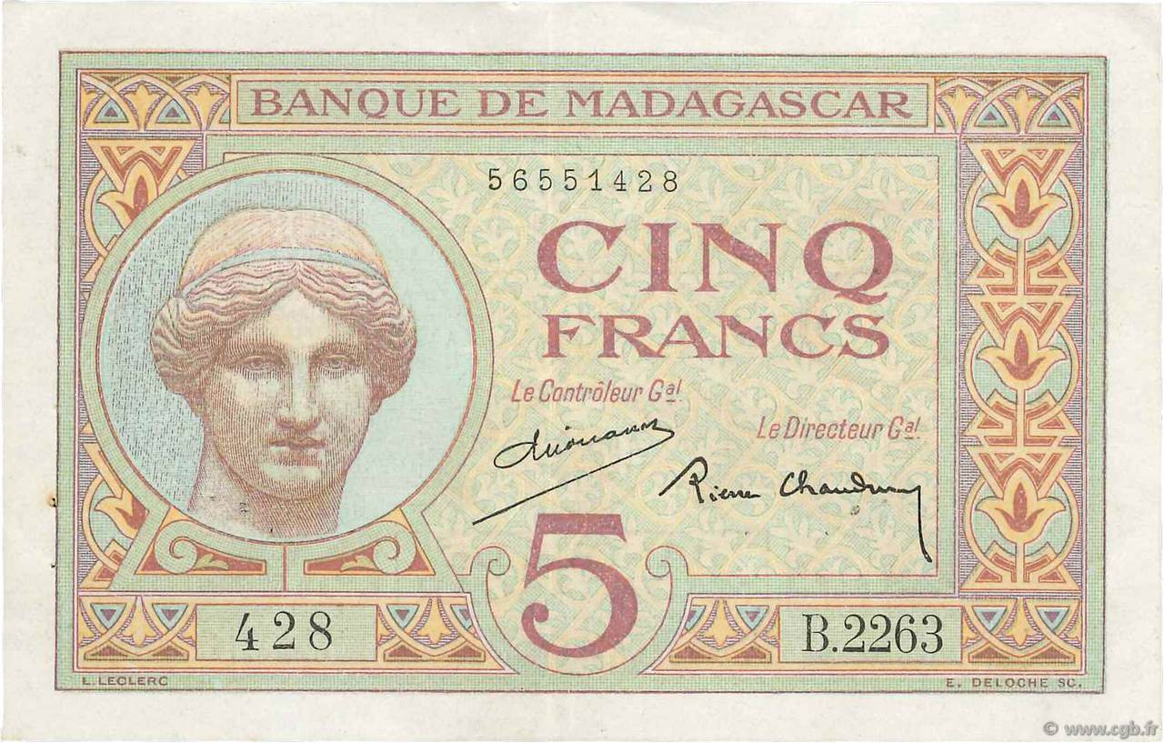 5 Francs MADAGASKAR  1937 P.035 fVZ