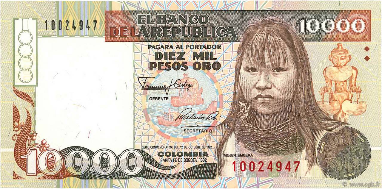10000 Pesos Oro COLOMBIE  1992 P.437 NEUF