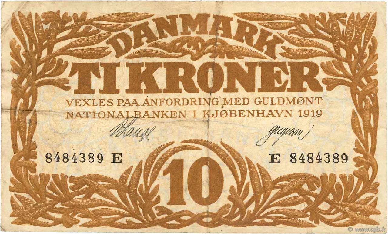 10 Kroner DINAMARCA  1919 P.021h q.BB