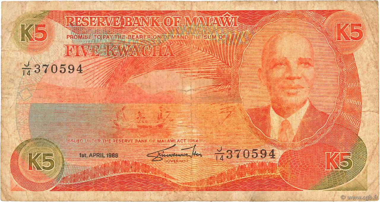 5 Kwacha MALAWI  1988 P.20b TB