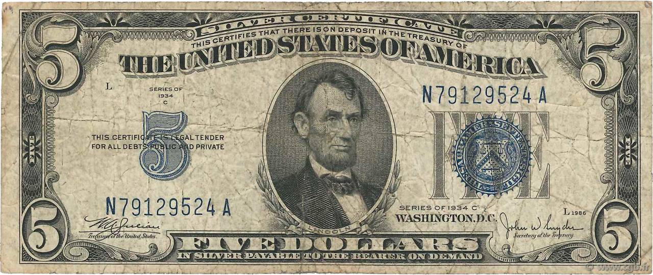 5 Dollars ÉTATS-UNIS D AMÉRIQUE  1934 P.414Ac pr.TB