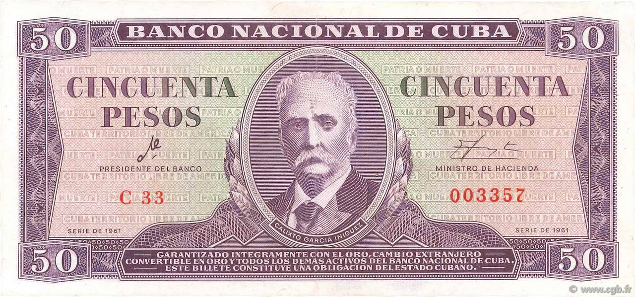 50 Pesos CUBA  1961 P.098a AU