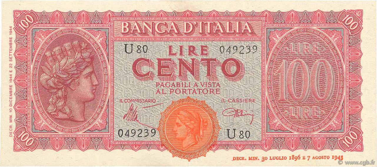 100 Lire ITALIE  1944 P.075a SUP