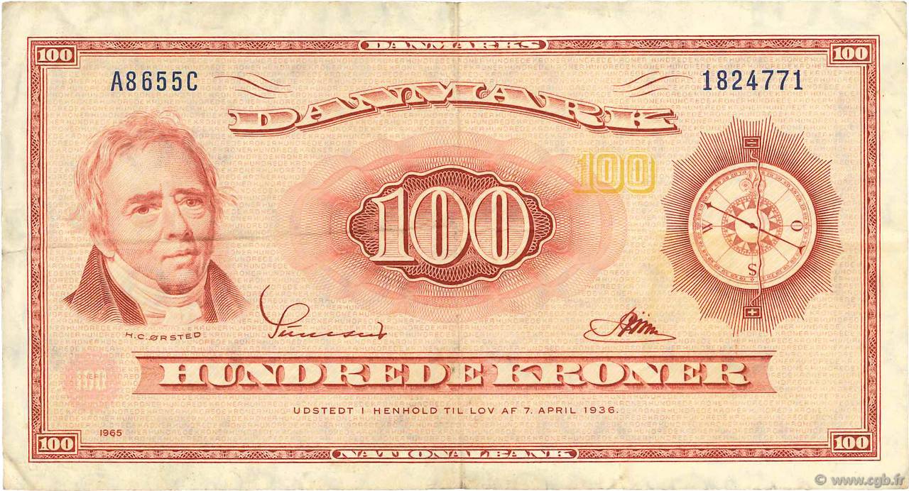 100 Kroner DENMARK  1965 P.046d F+