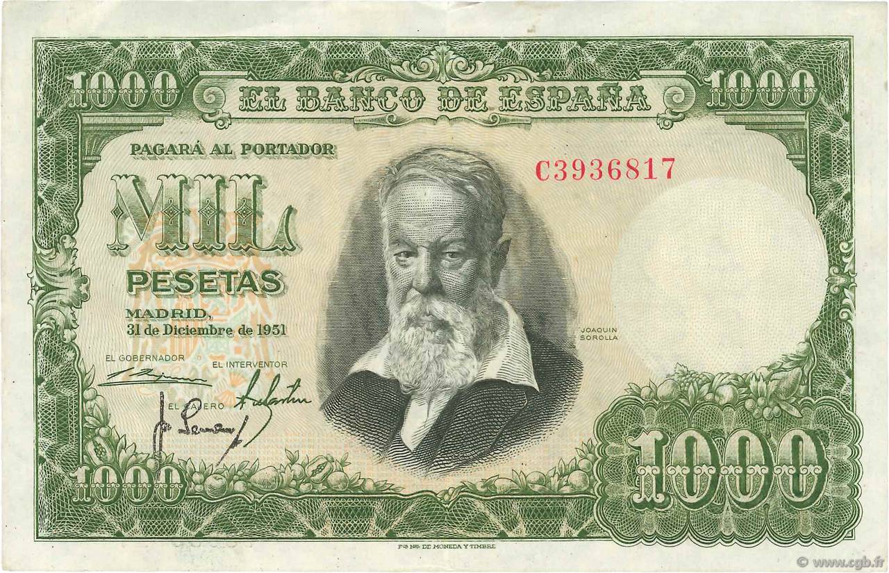 1000 Pesetas SPANIEN  1951 P.143a fVZ