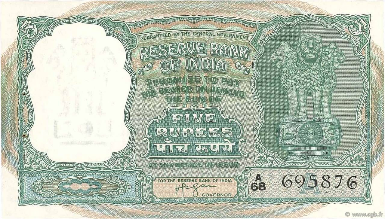 5 Rupees INDIA  1957 P.035b AU