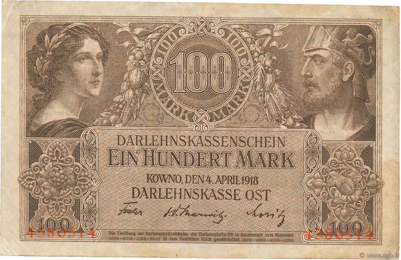 100 Mark ALLEMAGNE Kowno 1918 P.R133 TTB