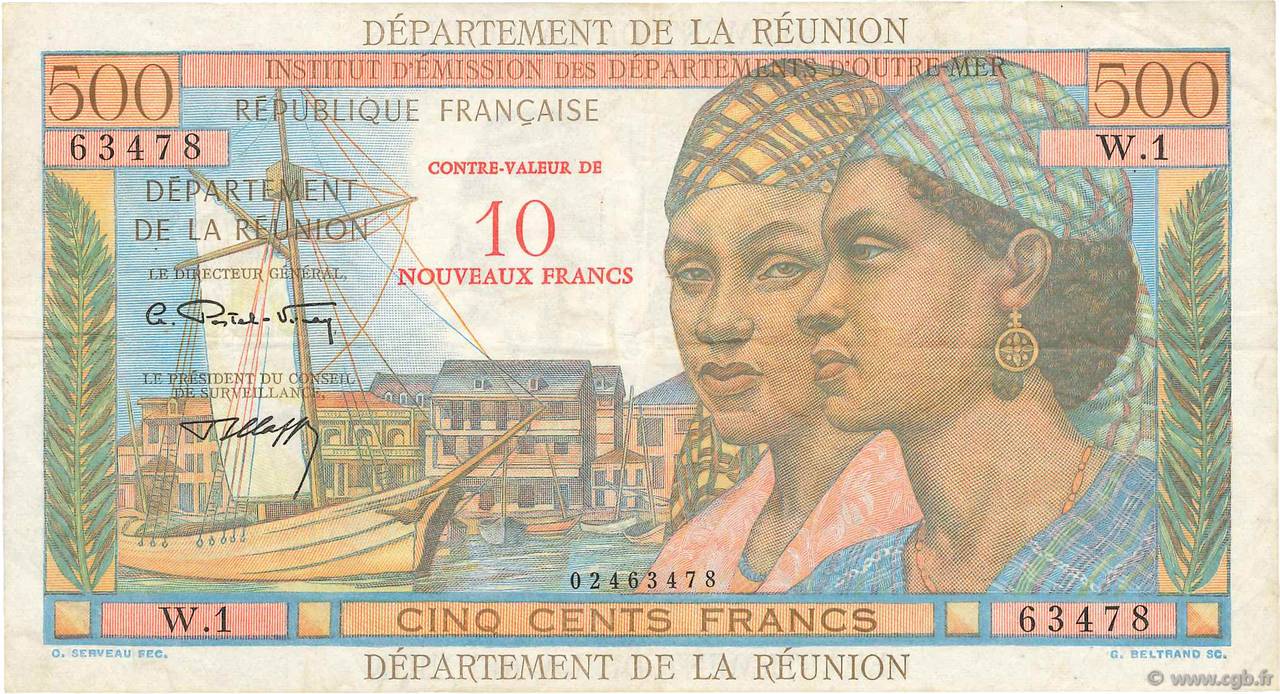 10 NF sur 500 Francs Pointe à Pitre ÎLE DE LA RÉUNION  1971 P.54b TB+