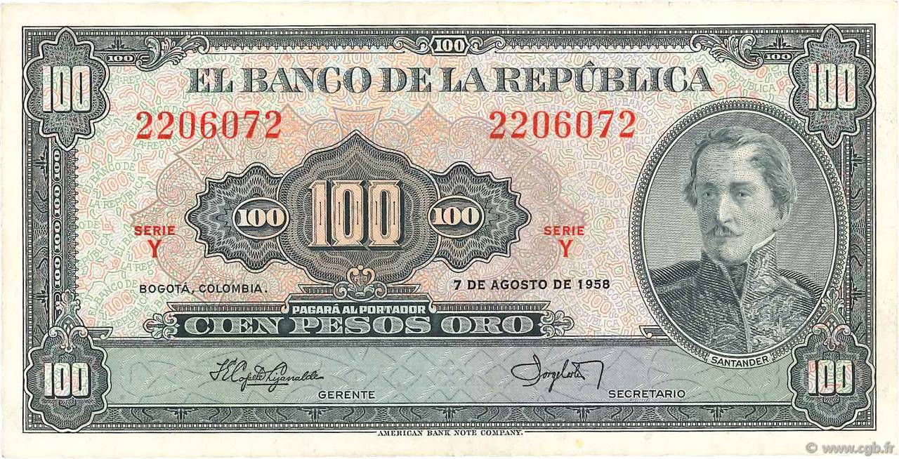 100 Pesos Oro COLOMBIE  1958 P.403a SUP+